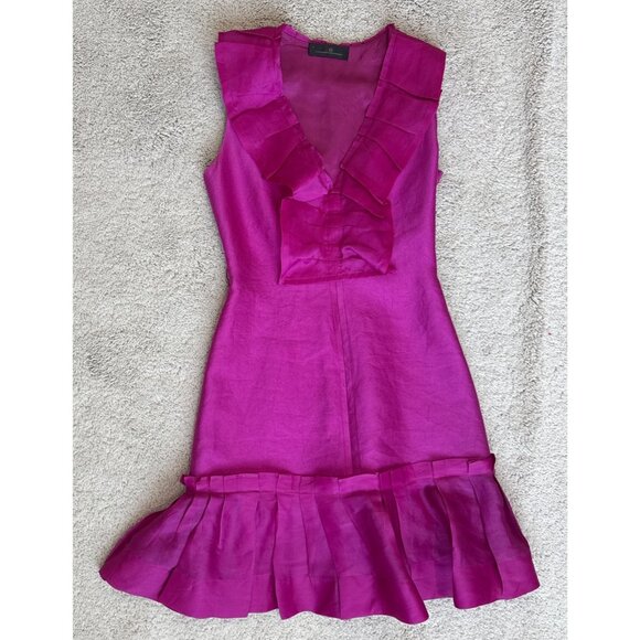 Carolina Herrera Fuchsia Silk Dress Size 4 Ruffle V Neck Missing Belt Sleeveless - Picture 12 of 12